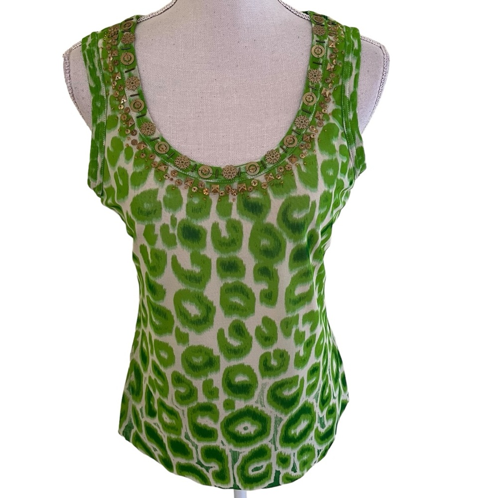 Berek Green/Cream Knit Sleeveless Scoop Neck Embellished Top M